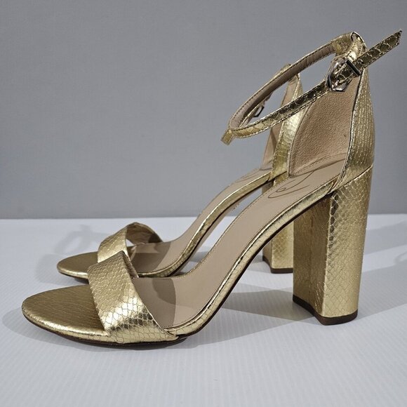 Sam Edelman Yaro Block Heel Sandal Gold Snake Embossed Vegan Leather Size 11 - Picture 1 of 16